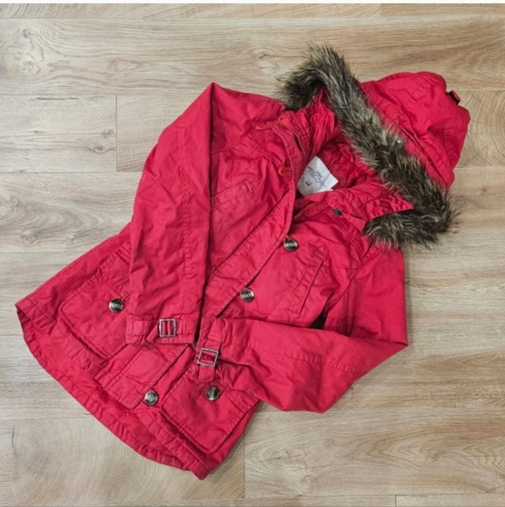 H&M Red Hooded Parka with Faux Fur Trim Small